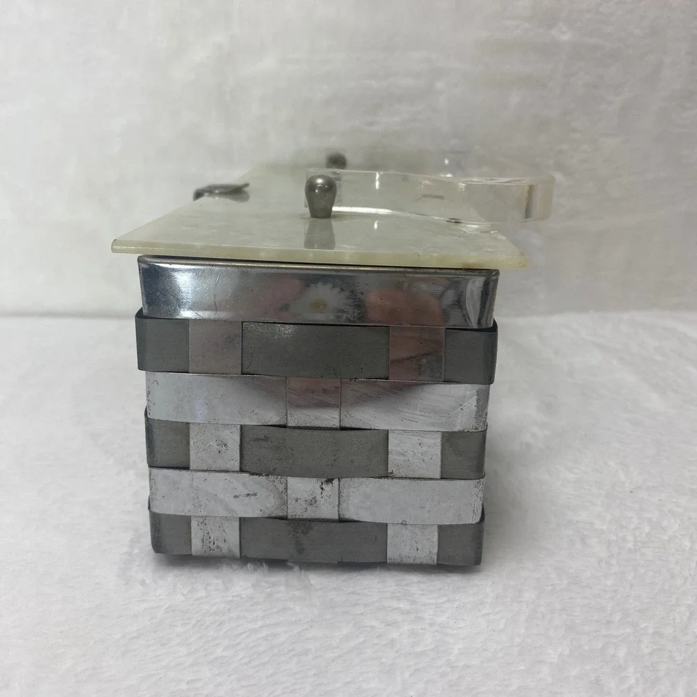 VTG Dorset Rex Lucite Basket Weave Metal Purse Silver White Bakelite Lid Handbag